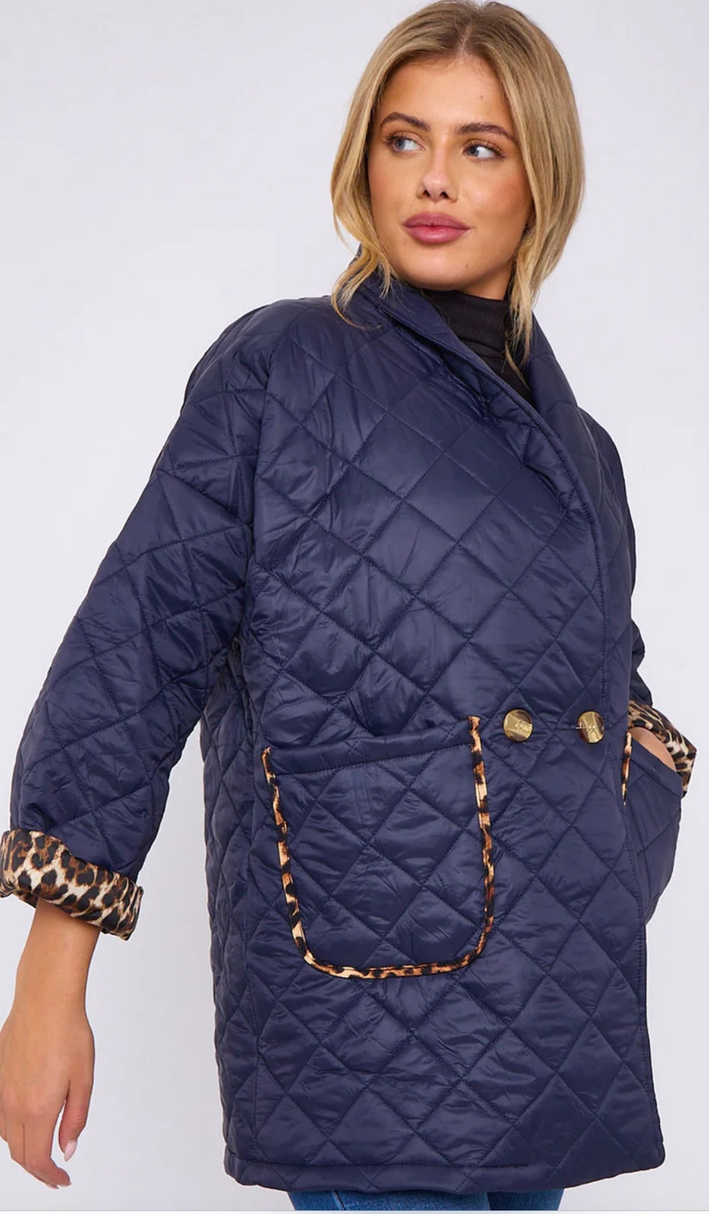 Carmen Leopard Print Quilted Coat Navy (one size 10-16)