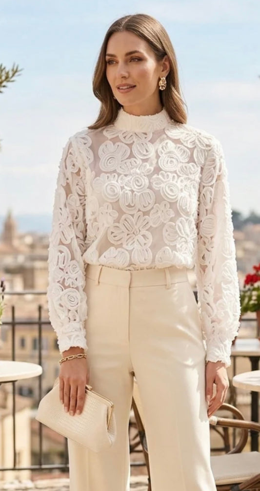 Floral White High Neck Blouse