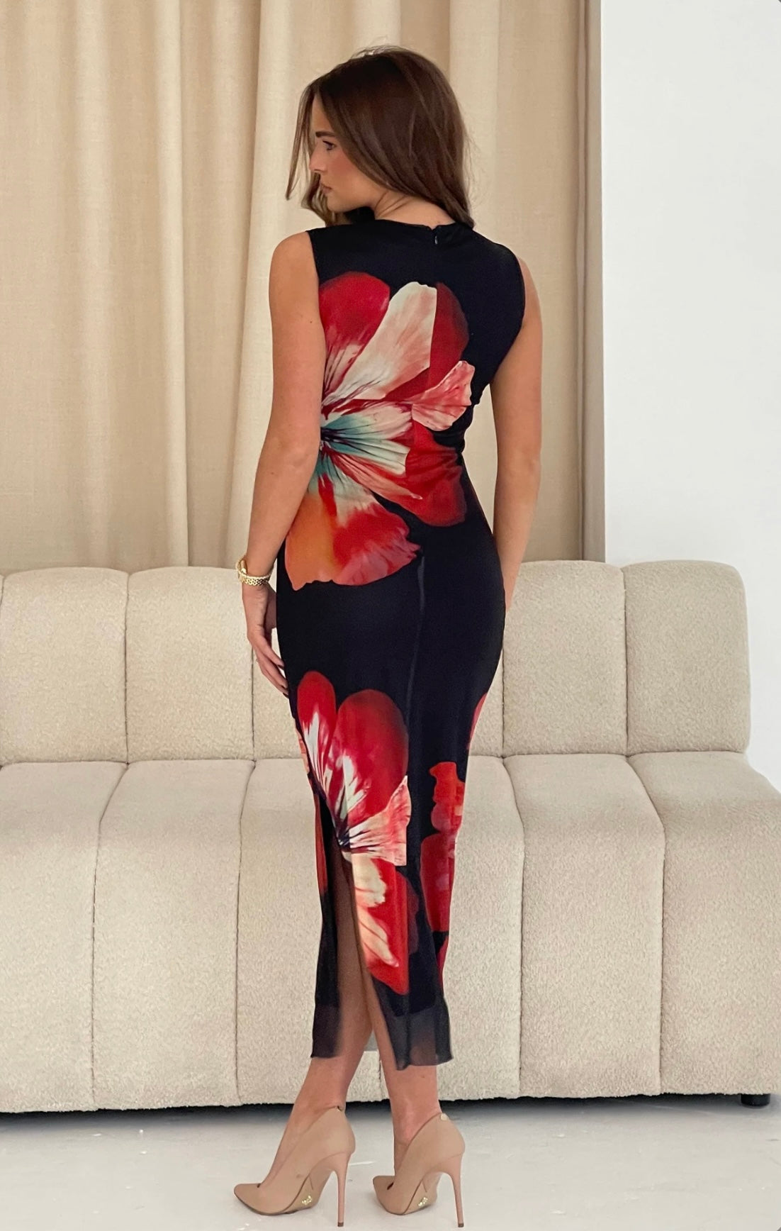Sonnet Ruched Waist Sleevless Mesh Midi Dress Black