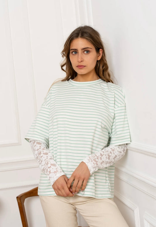 Lila Sage Green Striped Lace Detail Top