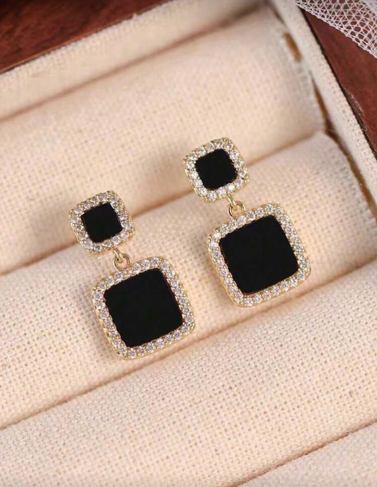 Black Square Diamanté Earrings