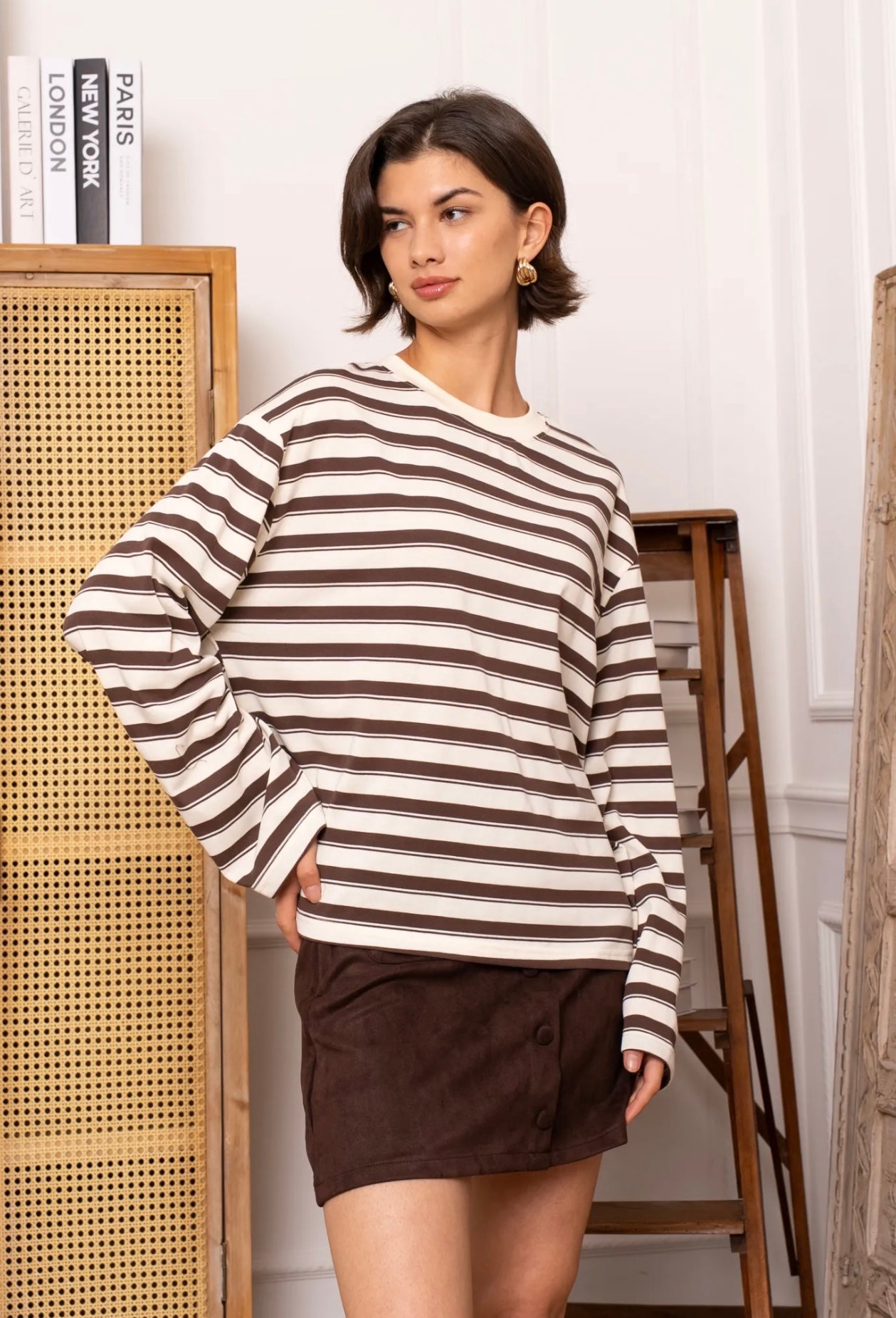 Brown & Cream Striped Long Sleeve Top