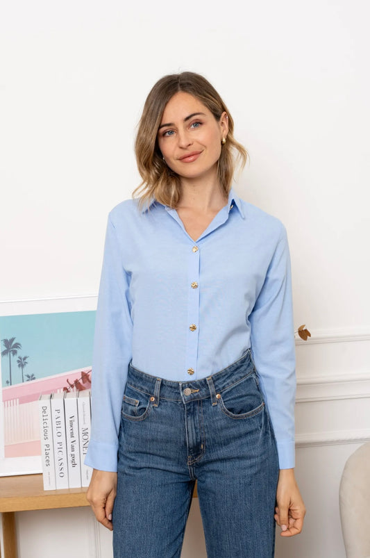 Blue Shirt With Gold Button Appliqué