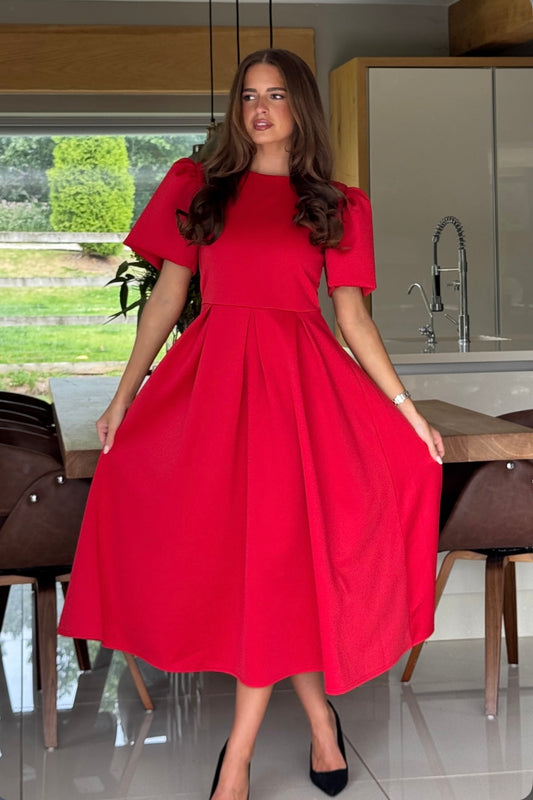 Elowin Red Statement Sleeve Midi Dress