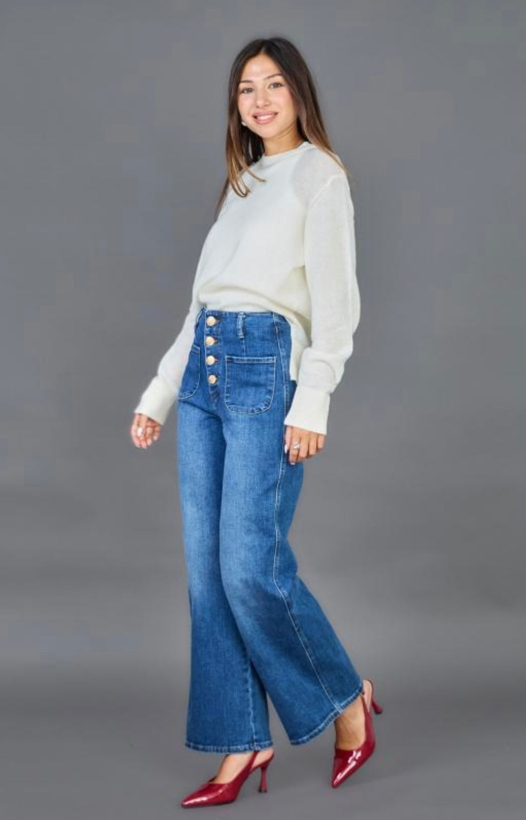 Mid Wash Gold Button Wide Leg Jeans