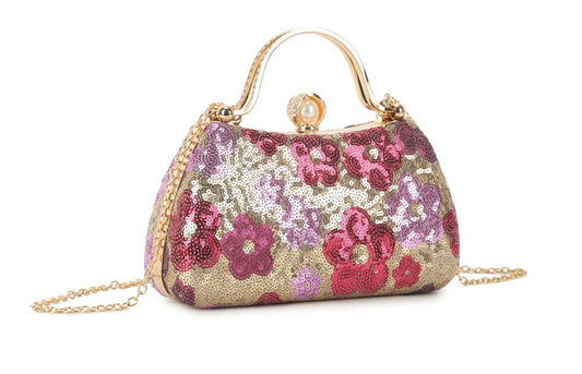 Rose Gold Diamanté Handle Floral Sequin Bag