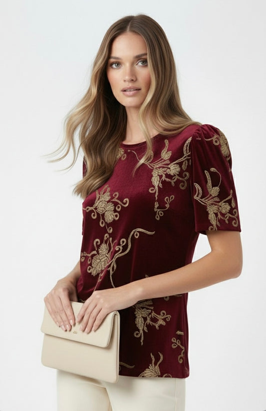 Vera Burgundy & Gold Velvet Top