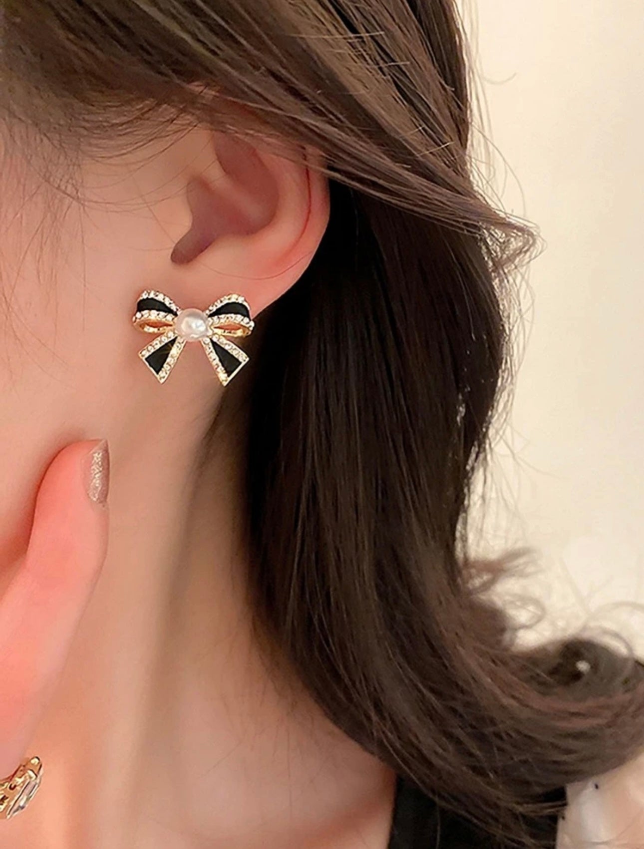 Black Bow Diamanté & Pearl Earrings