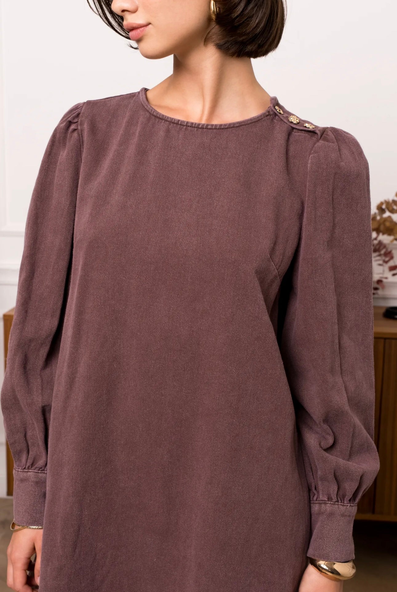 Chocolate Denim Dress With Gold Button Detail