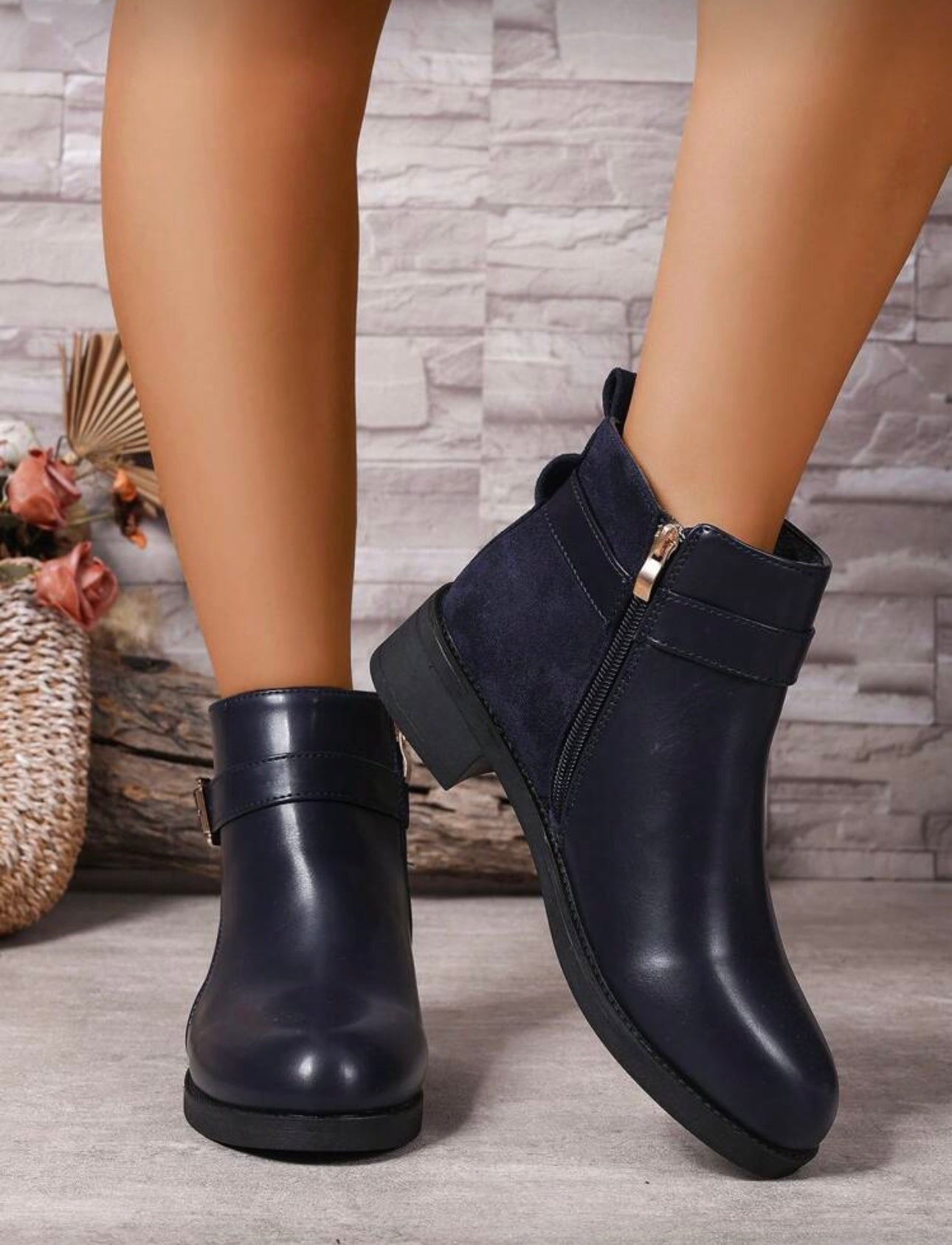 Navy Patent Suede Ankle Boots