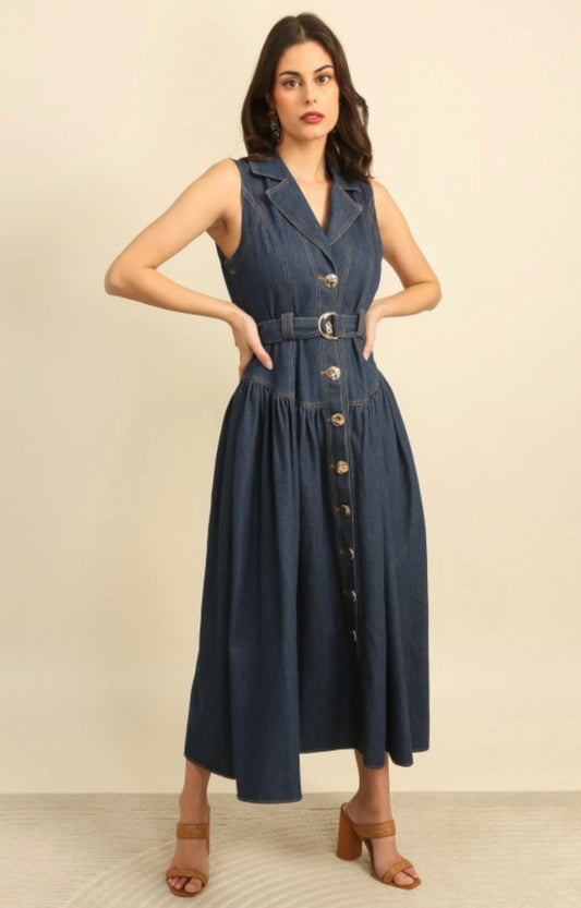 Anna Denim Belted Midi Dress