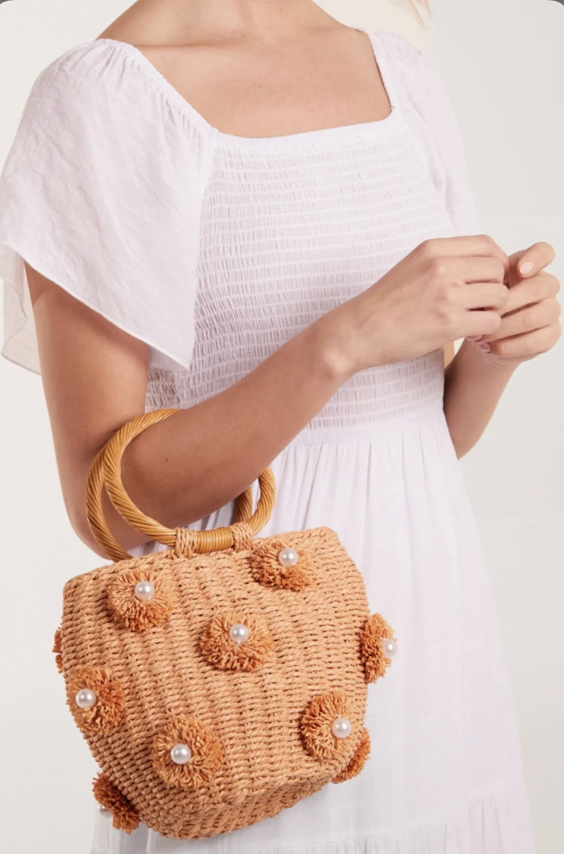Pearl Pom Pom Woven Bag