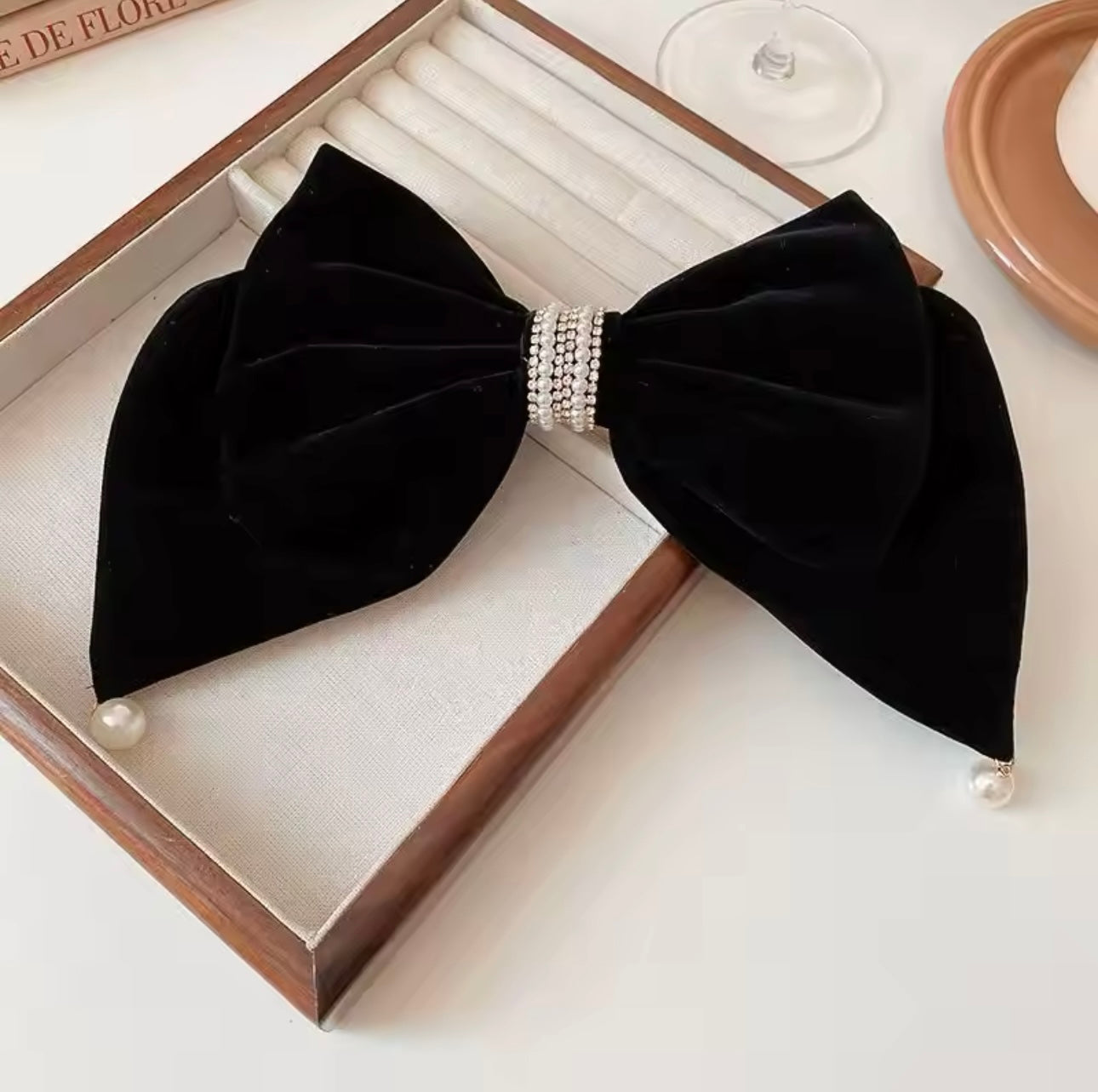 Large Pearl Diamanté Velvet Bow Black