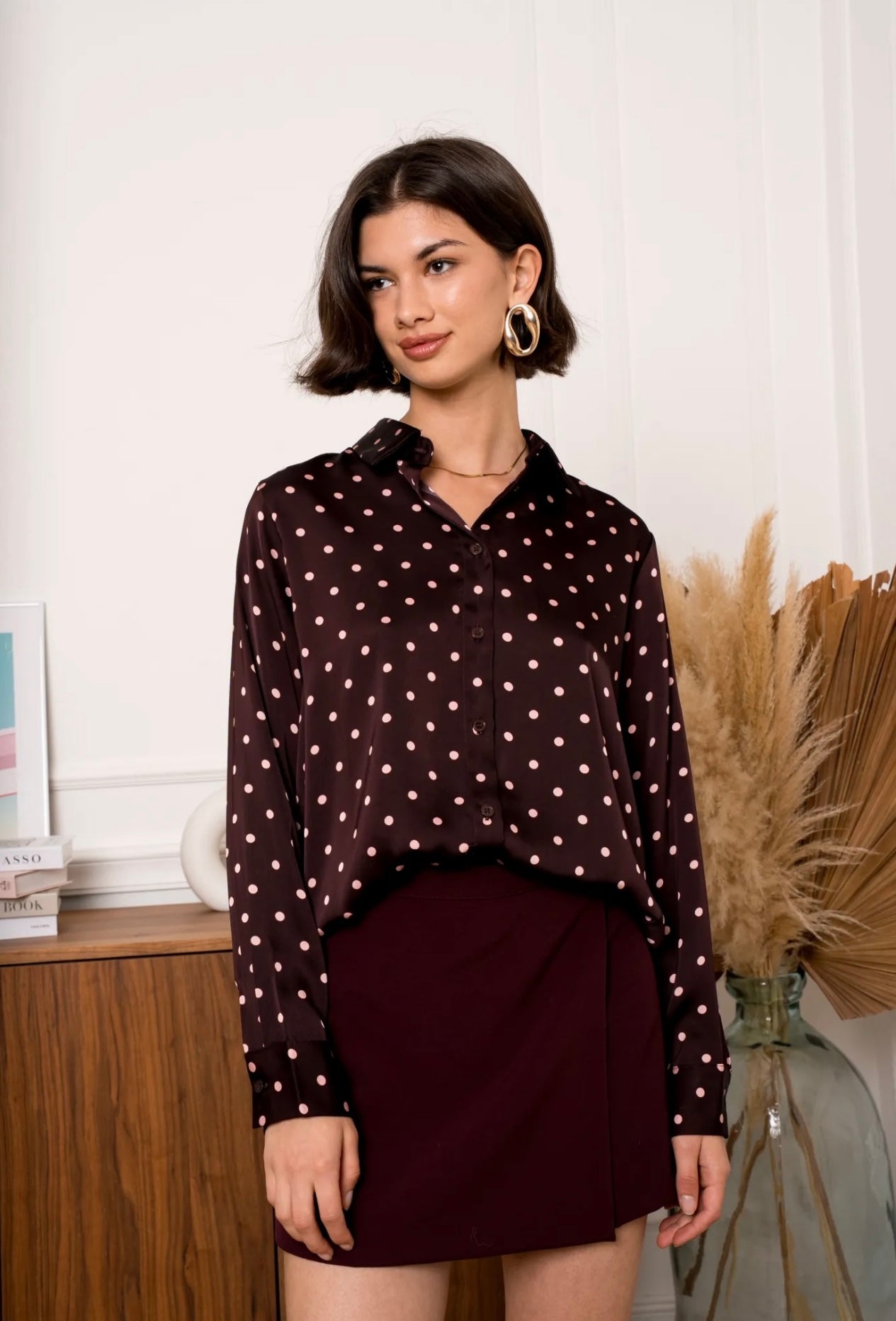 Brown & Pink Polka Dot Satin Shirt