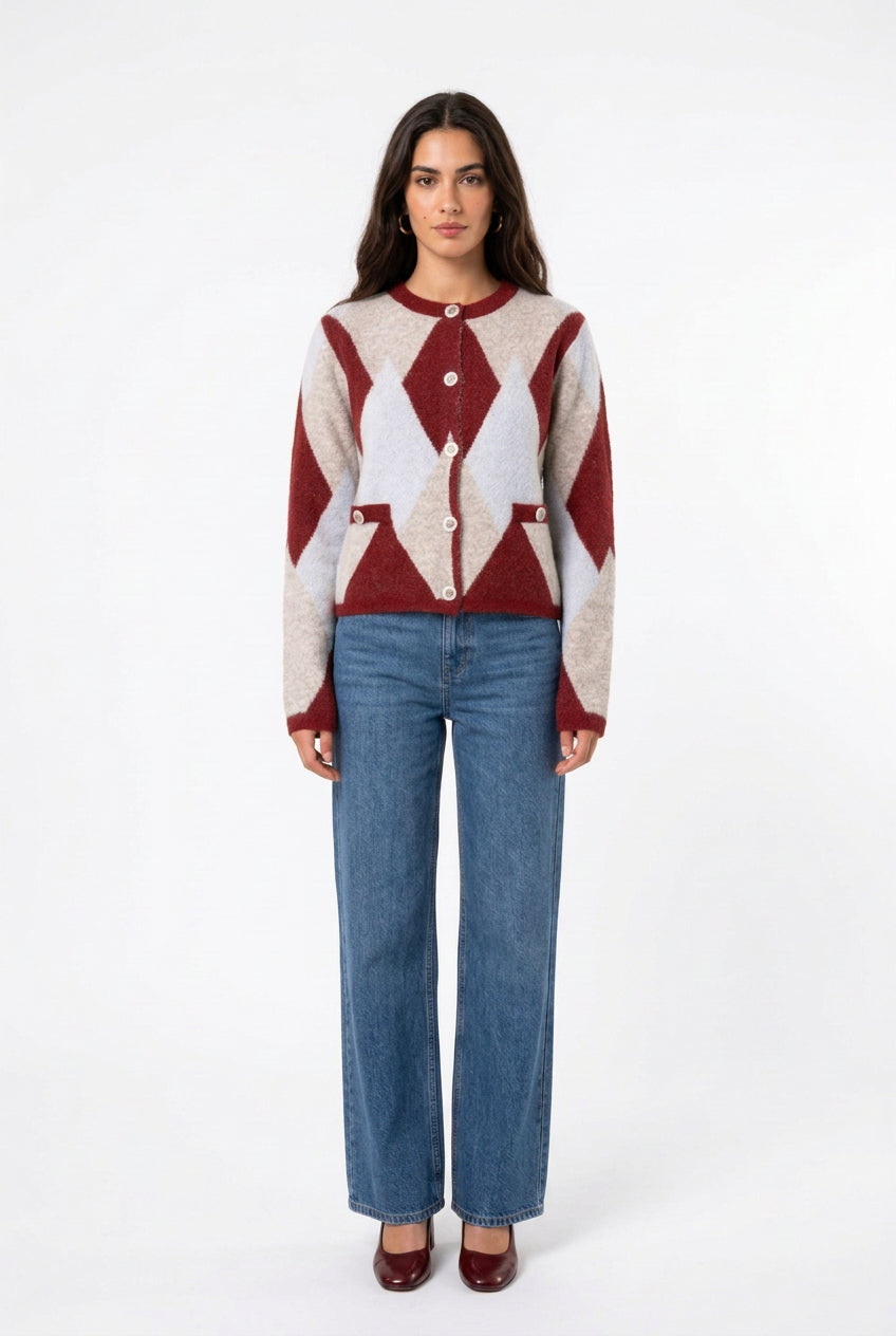 Olivia Burgundy & Grey Argyle Cardigan