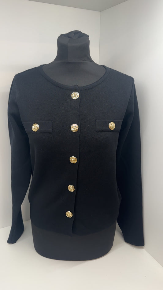Black Cardigan With Gold Statement Buttons