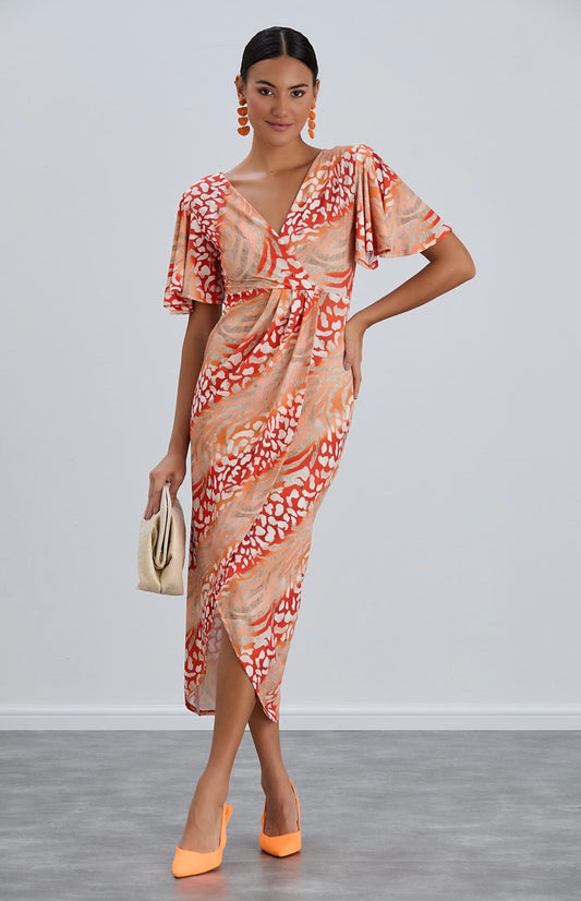 Kim Orange Leopard Print Wrap Midi Dress