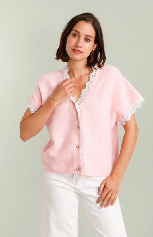 Margot Pink Cardigan With Gold Buttons & Lace Detail