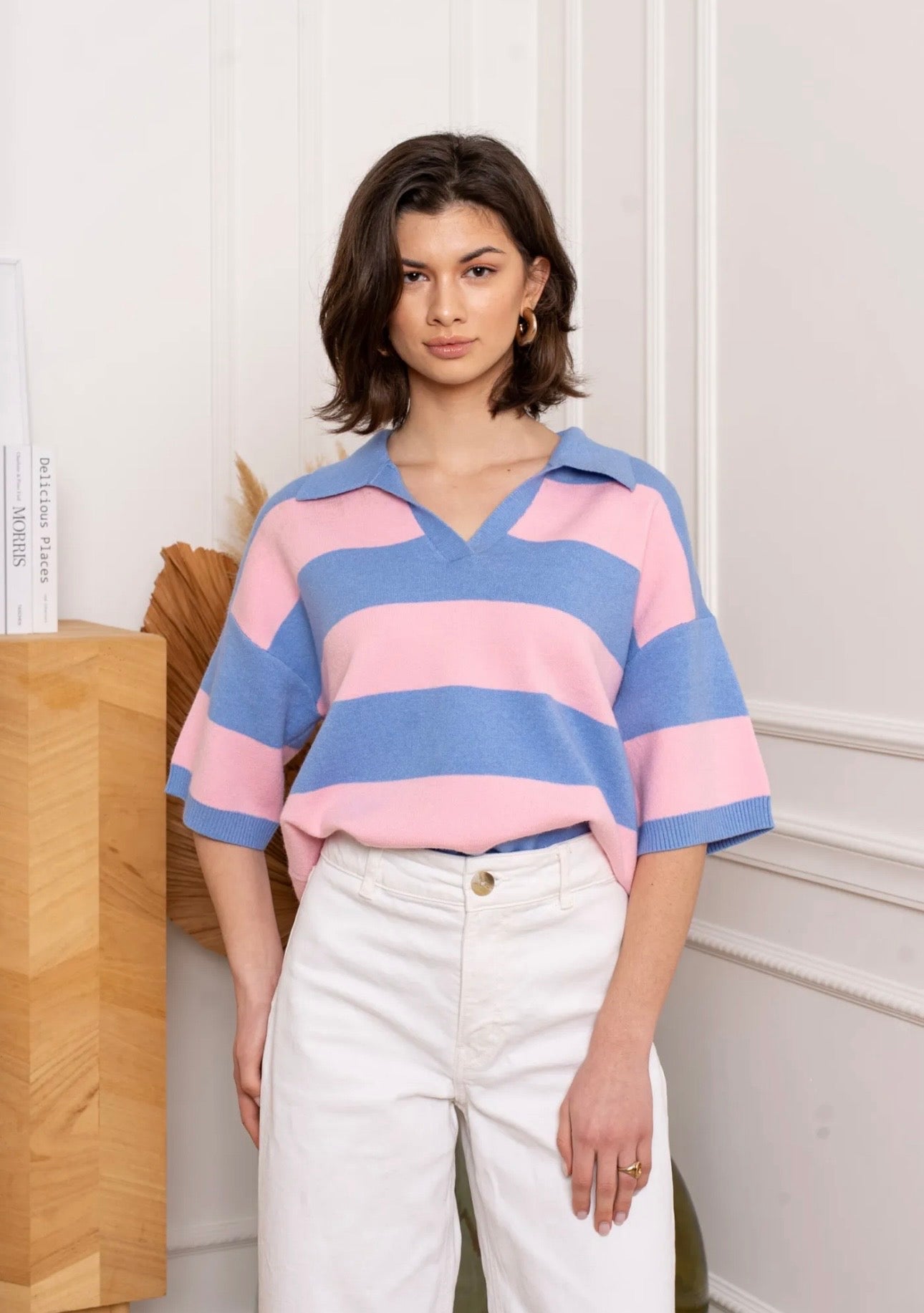 Blue & Pink Striped Collared Top