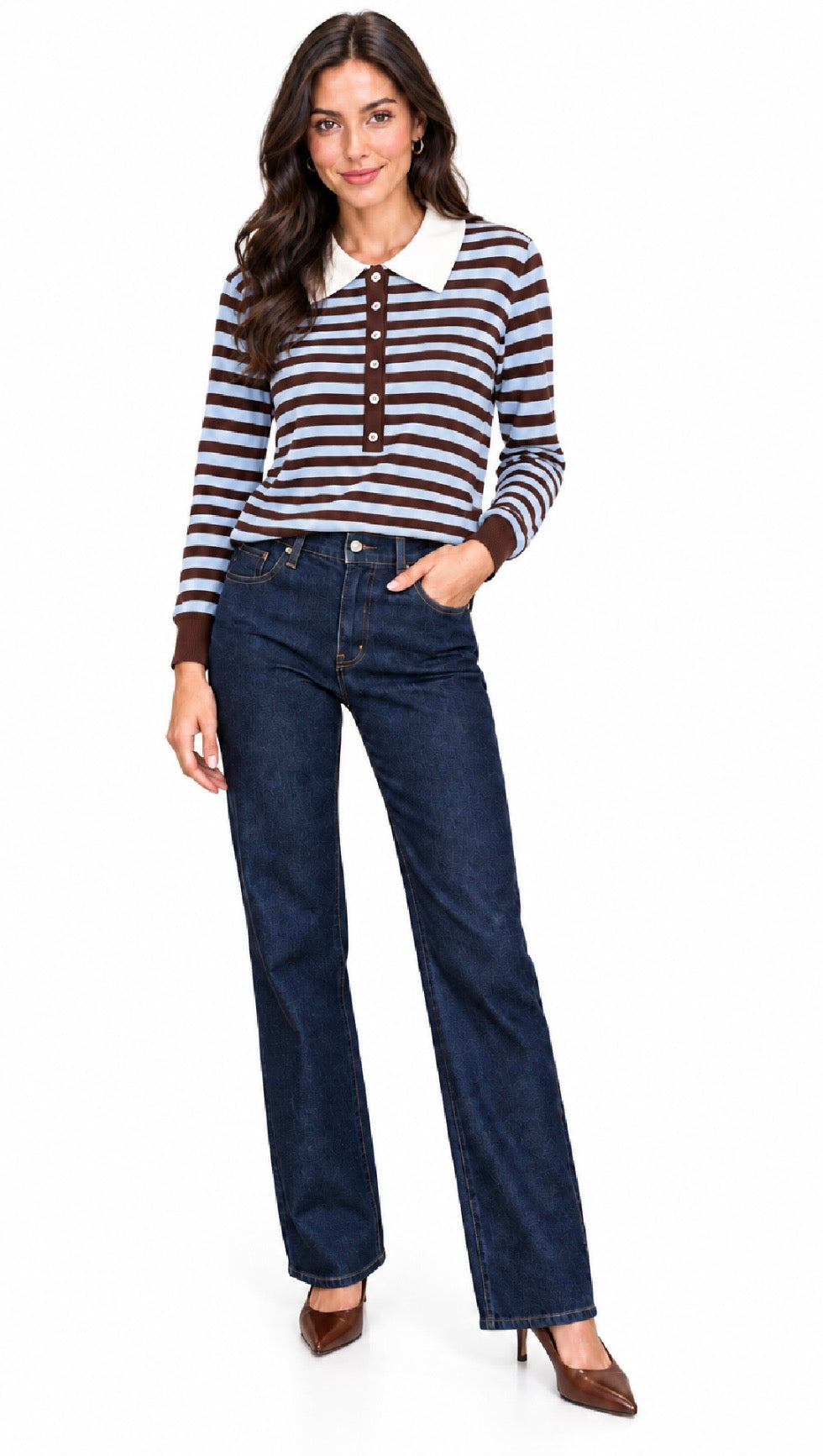 Lola Blue & Brown Collared Fine Knit Jumper