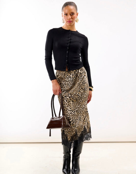 Leopard Print Satin Lace Midi Skirt