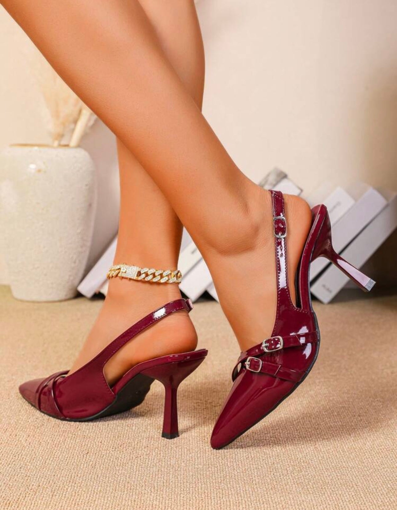 Burgundy Patent Slingback Heels