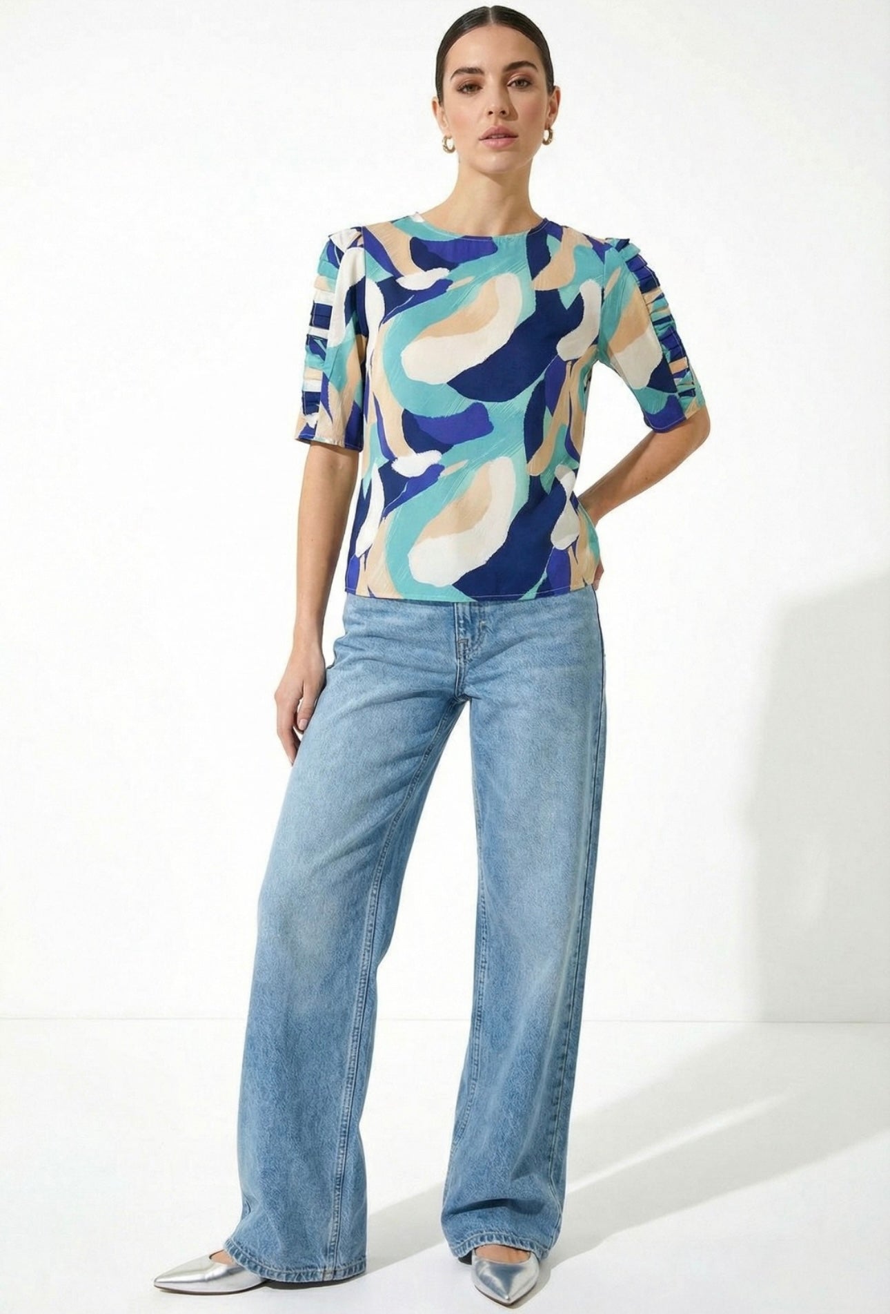 Leah Navy & Mint Half Sleeve Top with Frill Trim(size 8,10,14)