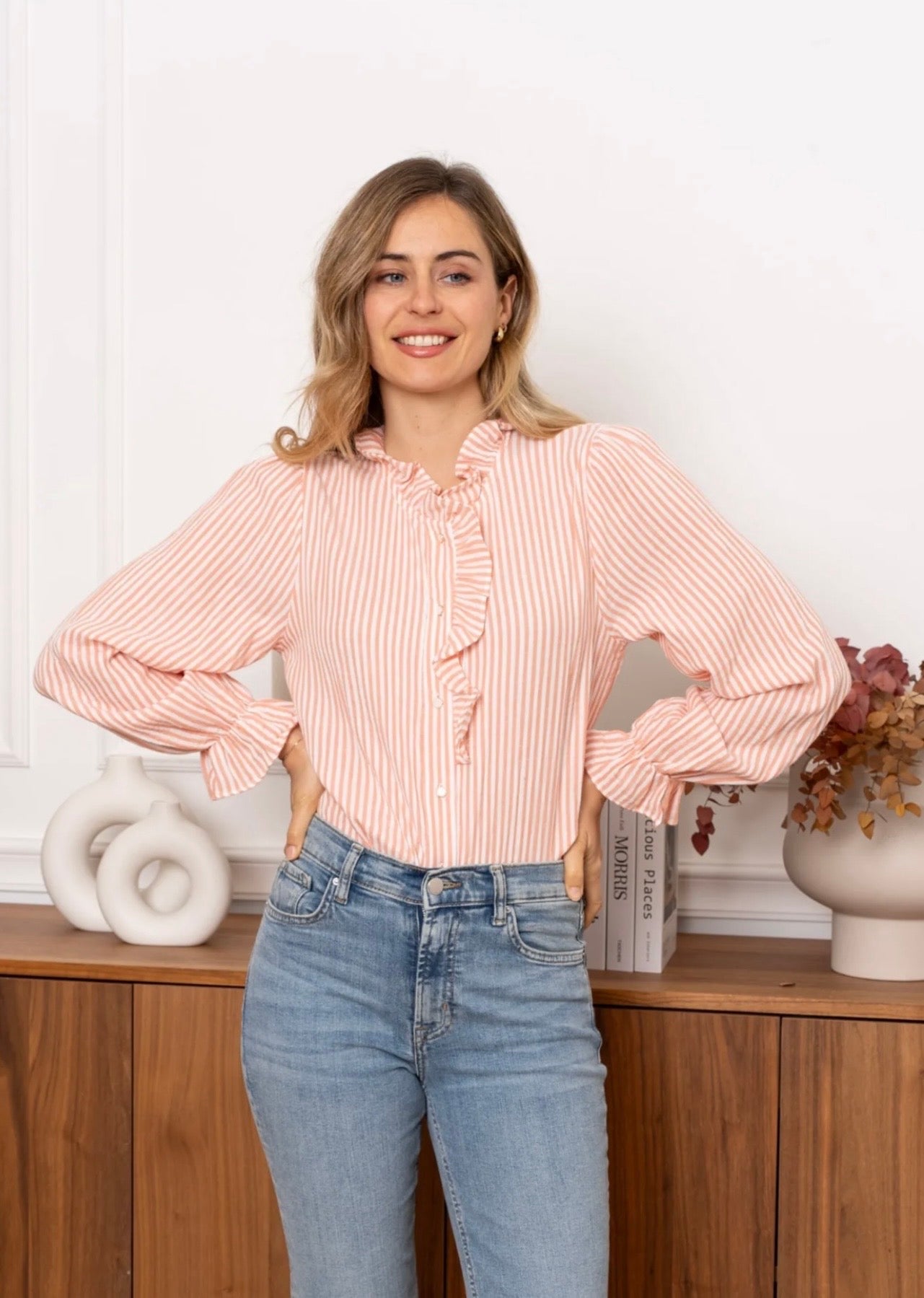 Carla Orange & White Striped Ruffle Shirt
