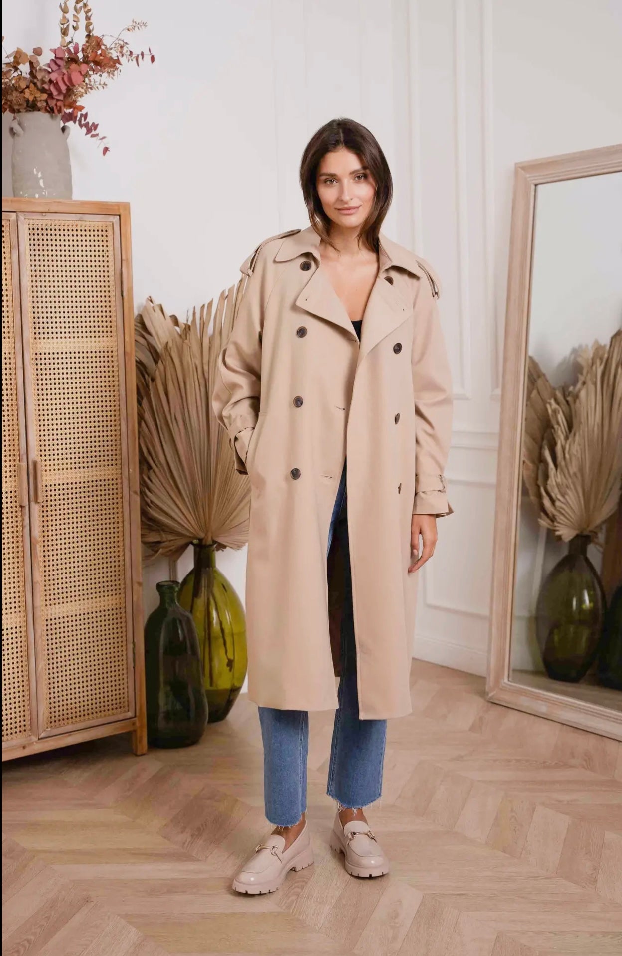 Reva Long Belted Trench Coat In Beige