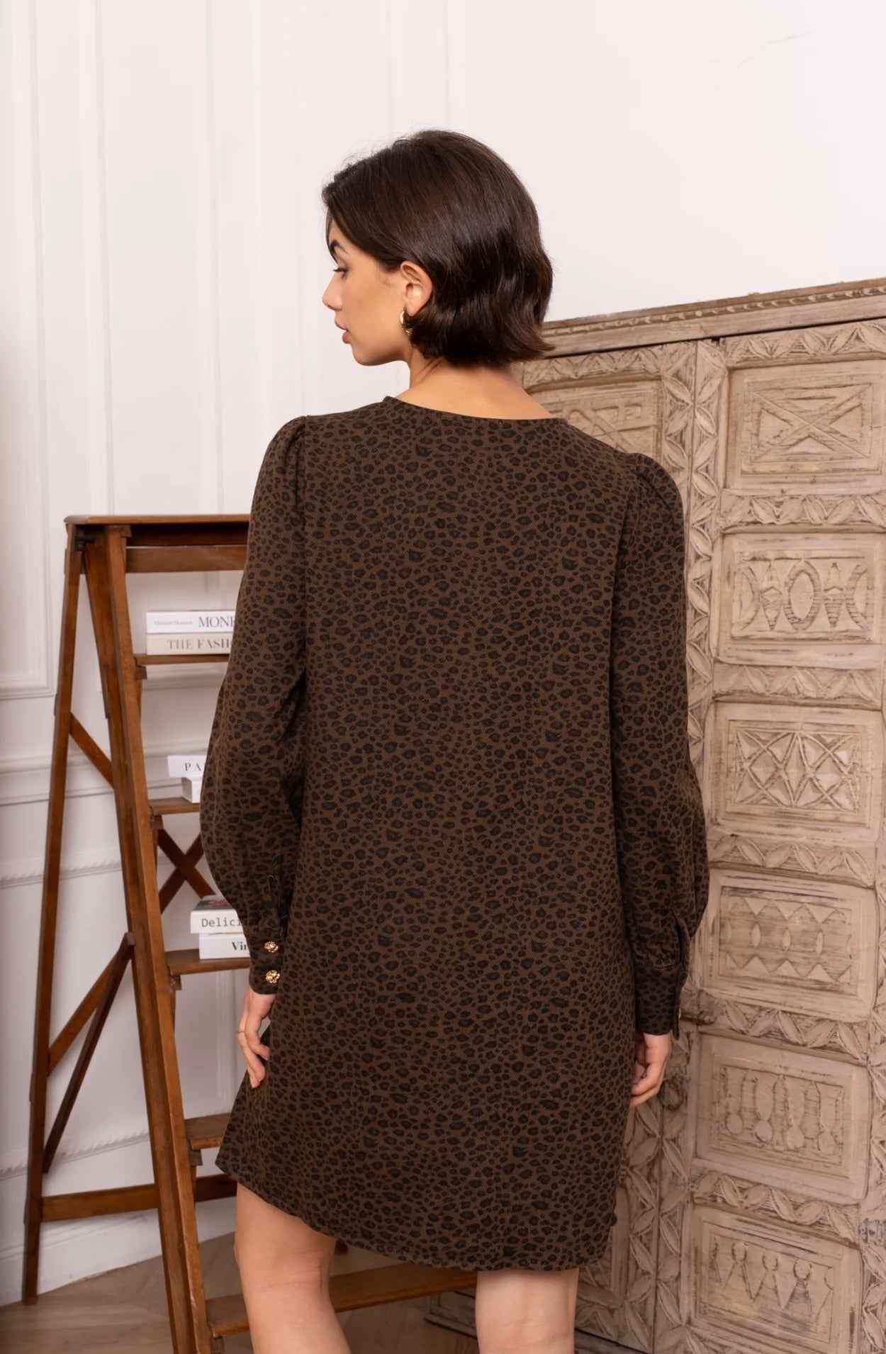 Brown & Black Leopard Print Denim Dress