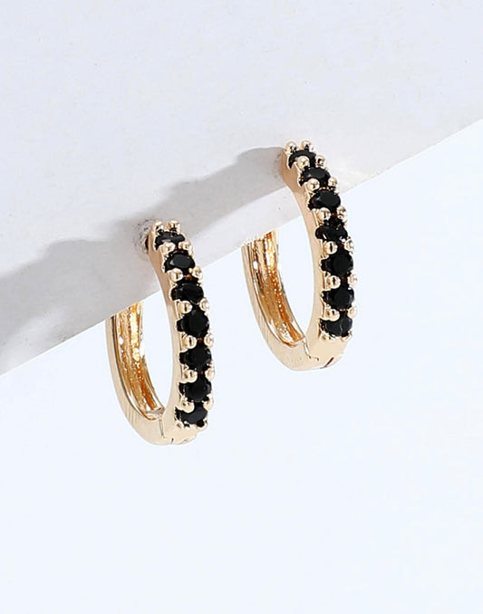 Gold Mini Hoops With Black Diamanté