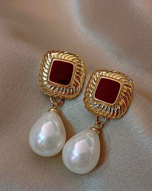 Clip On Burgundy & Gold Pearl Drop Earrings