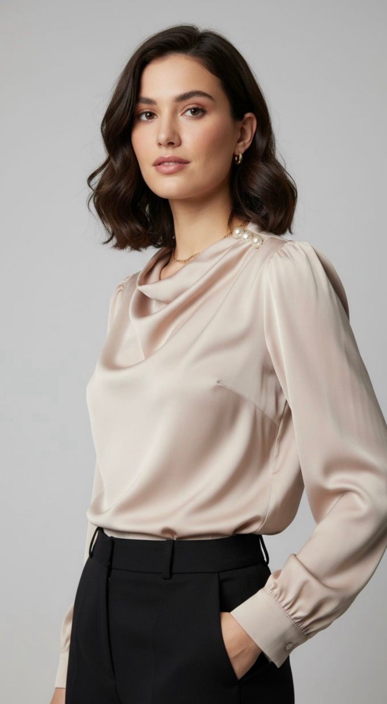 Champagne Satin Pearl Neck Blouse