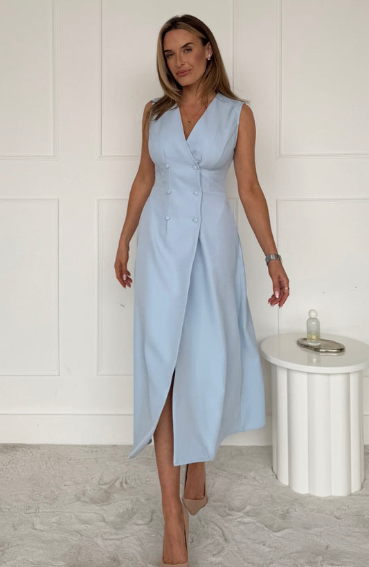 Hazel Tailored Sleeveless Midi Dress Sky Blue