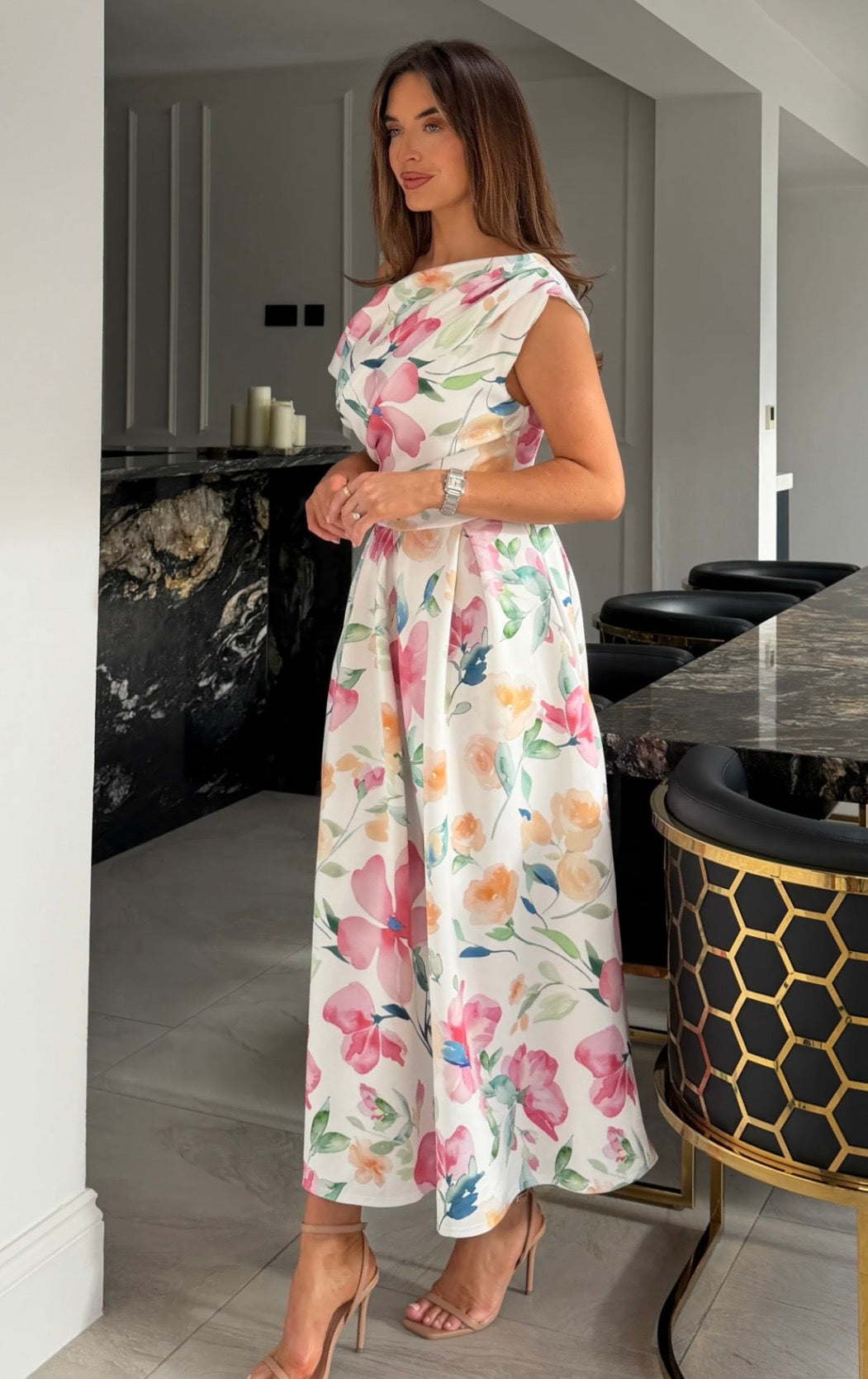 Betty Asymmetric Neckline Skater Midi Dress Print