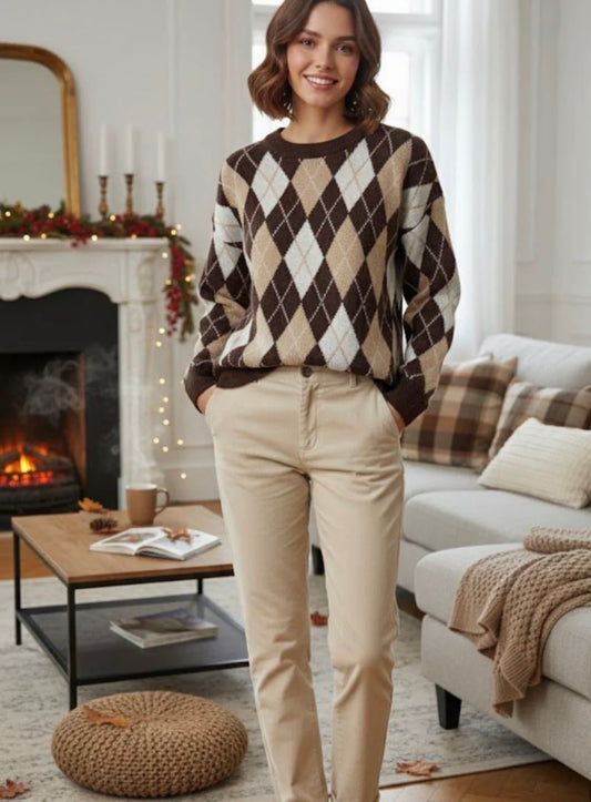 Brown Argyle Print Jumper