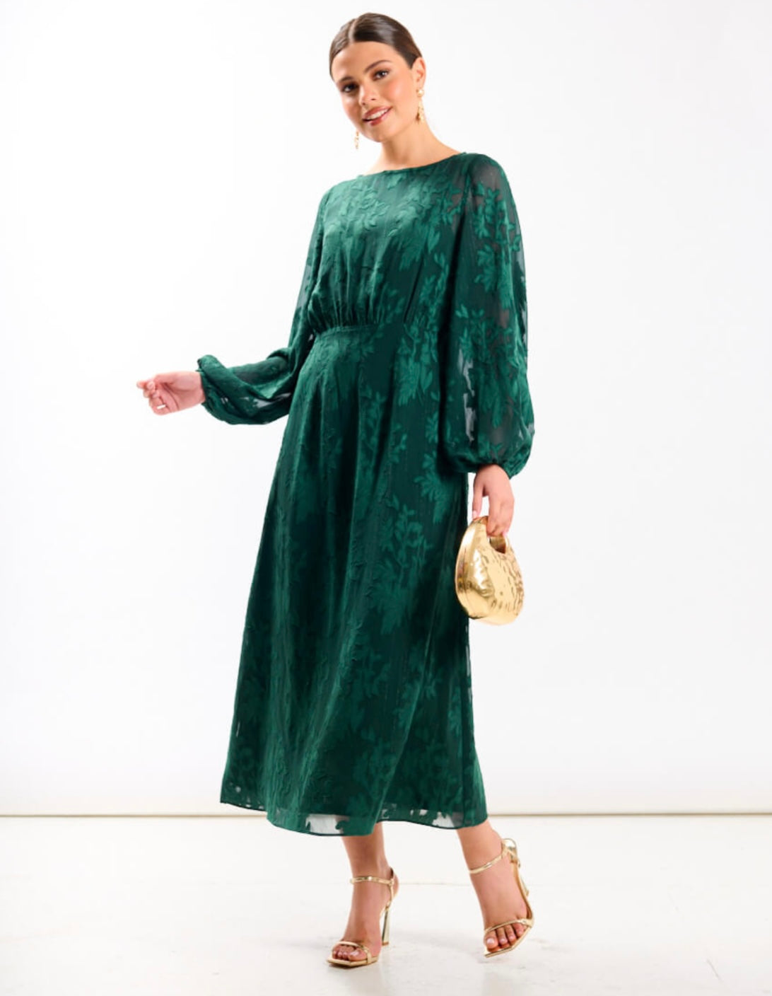 Emerald Green Jacquard Midi Dress