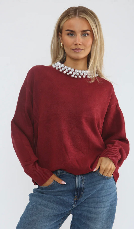 Burgundy Pearl Embellished Jumper
