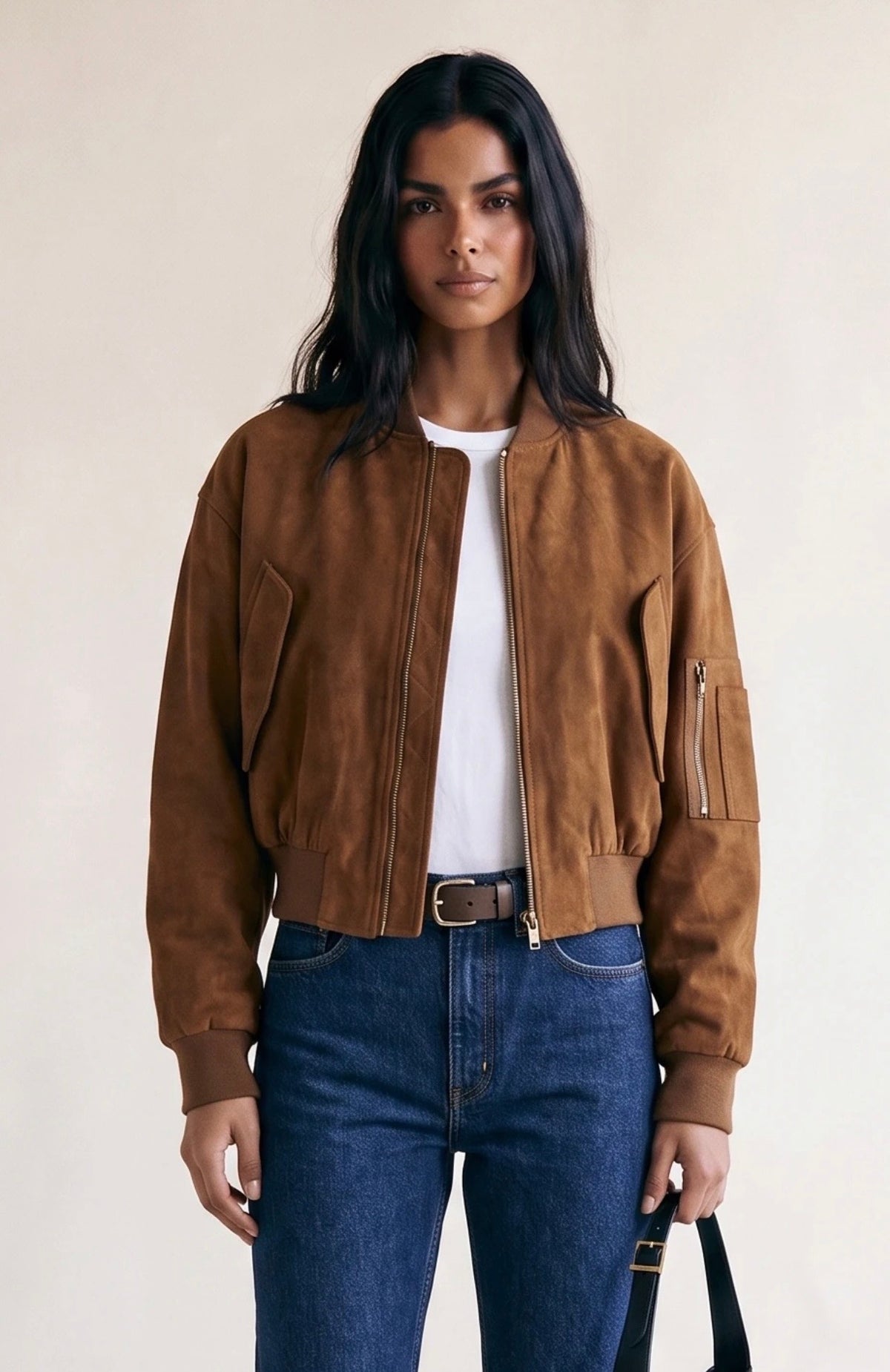 Camel Suede Cropped Bomber Jacket
