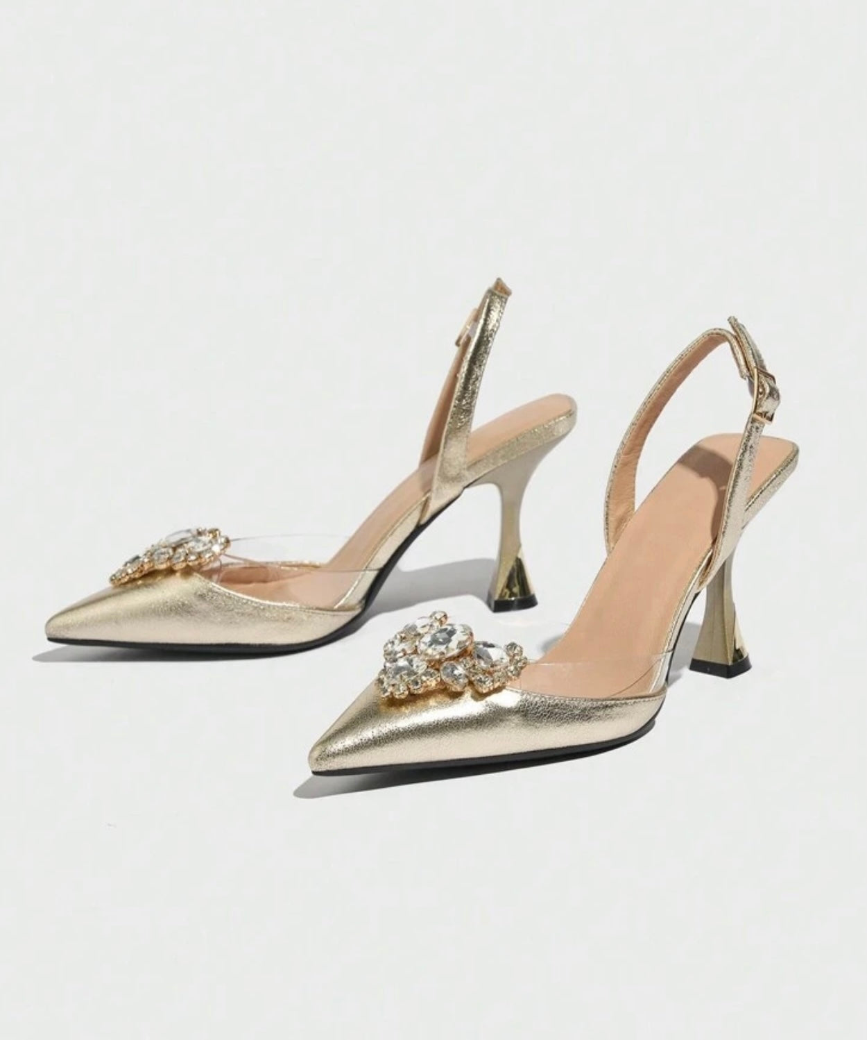 Gold Slingback Heels With Brooch Detail