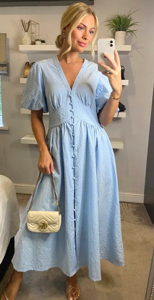 Karly Light Blue Checked Midi Dress (size 8-10)