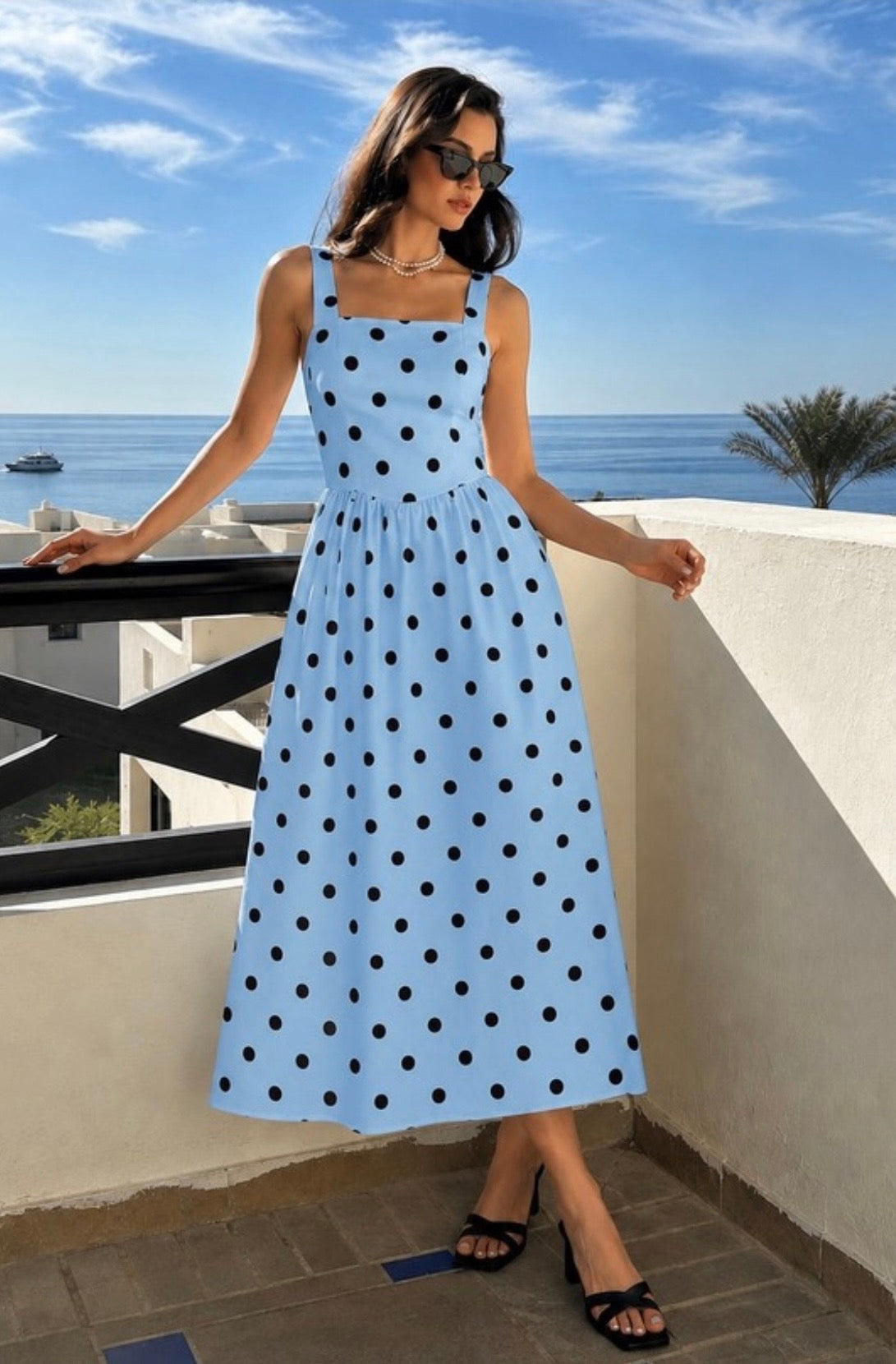 Zoey Blue & Brown Polka Dot Dress