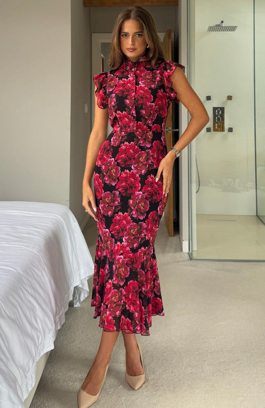 Hannah Black & Red Floral Midi Dress