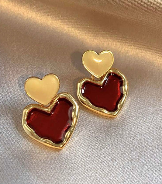 Burgundy & Gold Heart Earrings