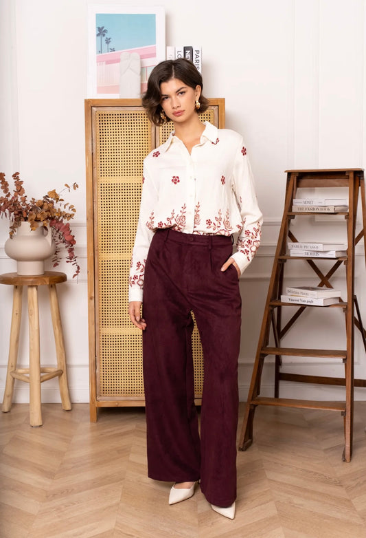 Burgundy Suede Wide Leg Trousers