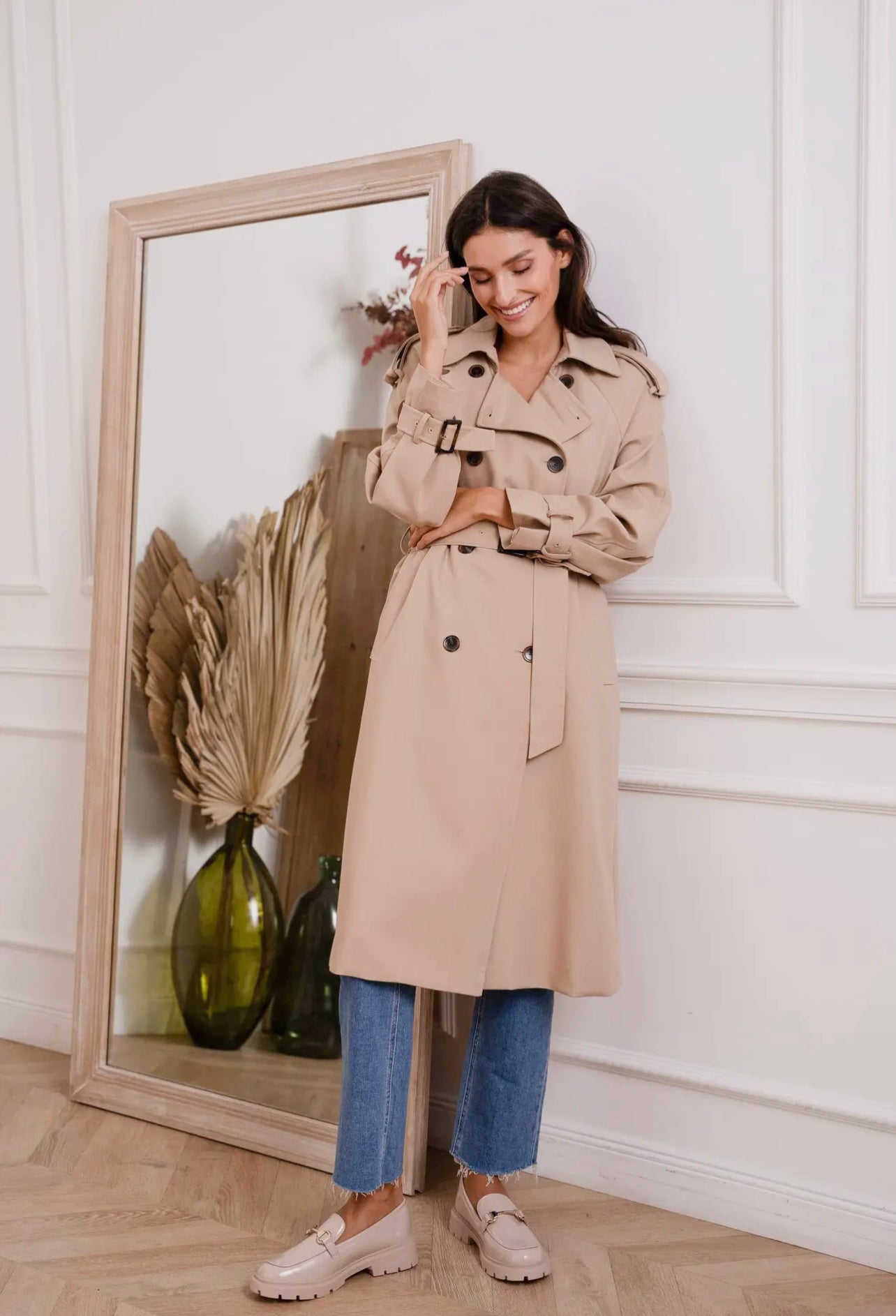 Reva Long Belted Trench Coat In Beige