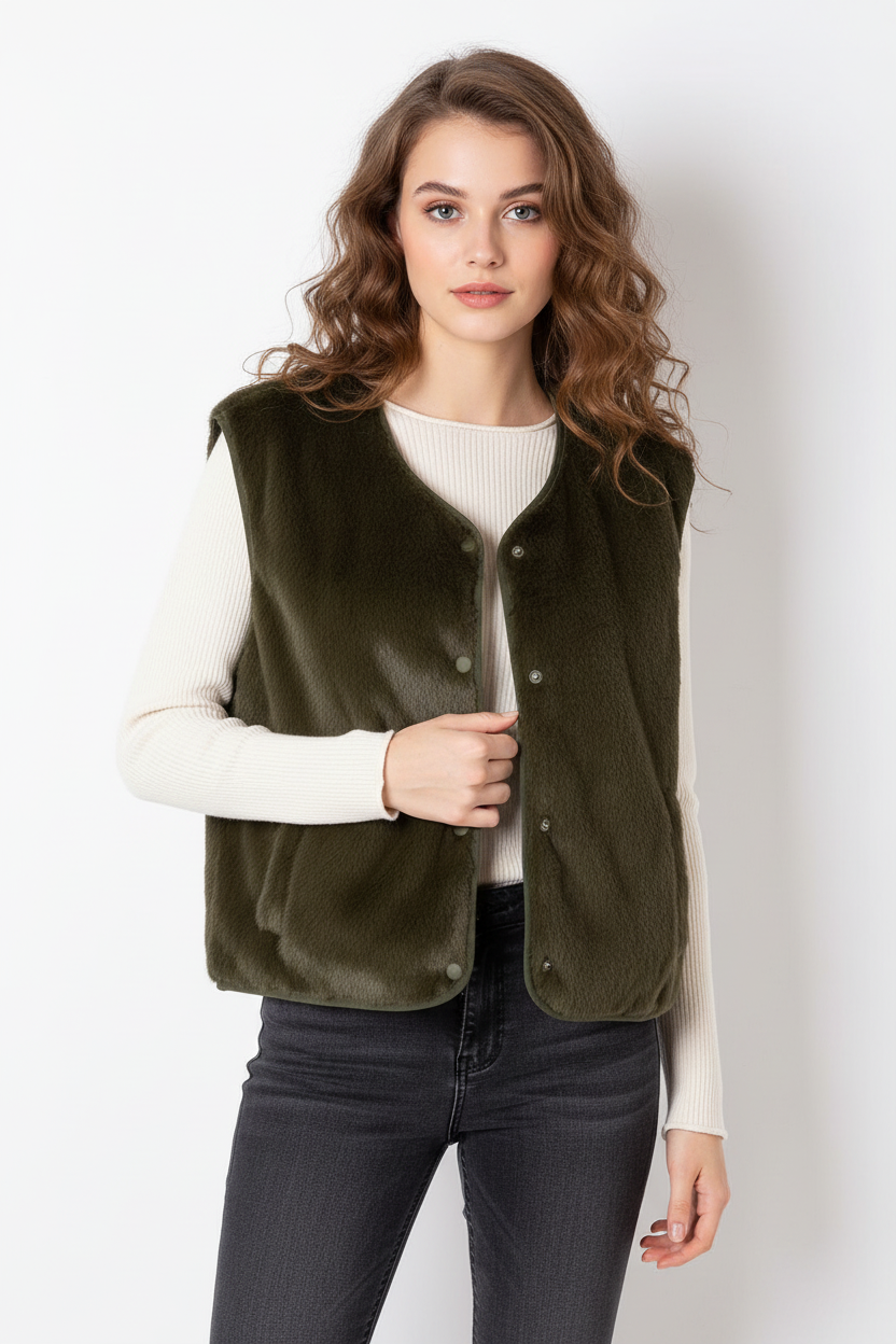 Khaki Faux Fur Button Waistcoat