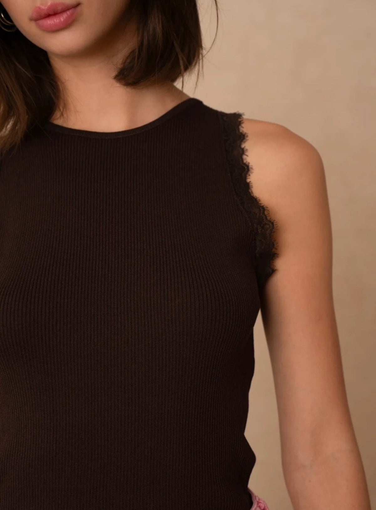 Brown Lace Ribbed Detail Top