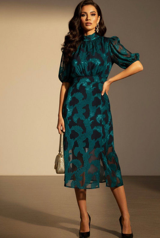 Emerald & Black Baroque Print Dress