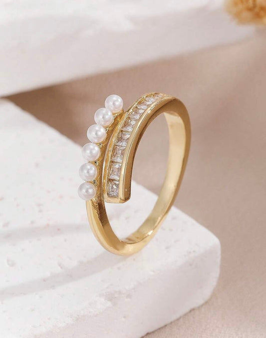 Pearl & Diamante Block Ring Gold